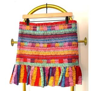 Farm Rio NEW Rainbow Striped Smocked Mini Skirt with Ruffle, Large